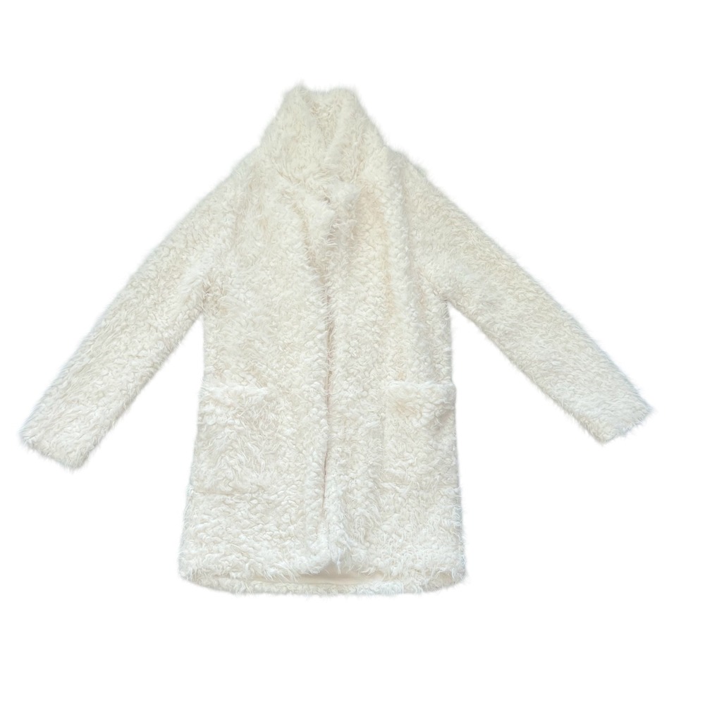 Threads Cream Faux Fur Teddy Coat Open Front Jacket Womens Medium (0882)